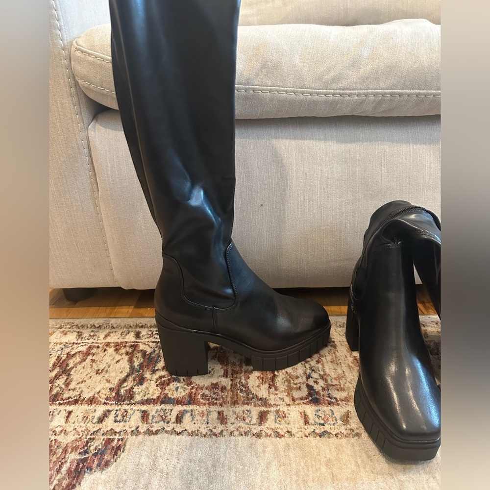 Public Desire Puncture knee high heel boots in stretch black